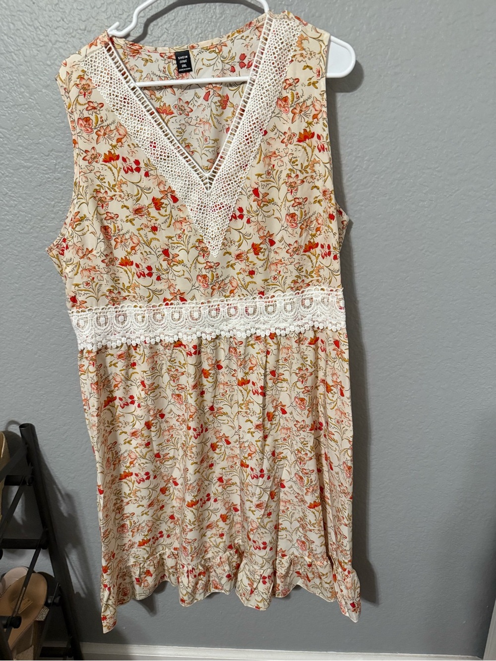 SHEIN Cream Floral Crochet-Trim Midi Dress